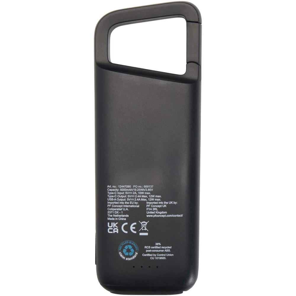 Alkes waterbestendige powerbank van 5000 mAh 12 W van gerecycled plastic met karabijnhaak