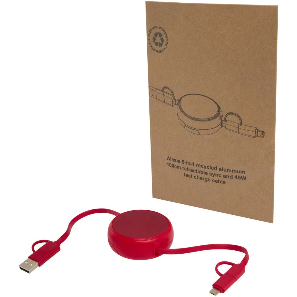 Alasia 5-in-1 100 cm intrekbare datasynchronisatie- en 45 W snellaadkabel van gerecycled plastic en aluminium - rood