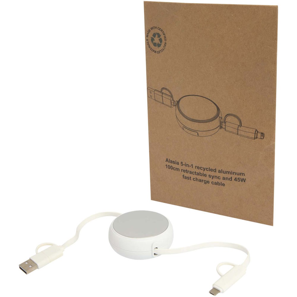 Alasia 5-in-1 100 cm intrekbare datasynchronisatie- en 45 W snellaadkabel van gerecycled plastic en aluminium - zilver
