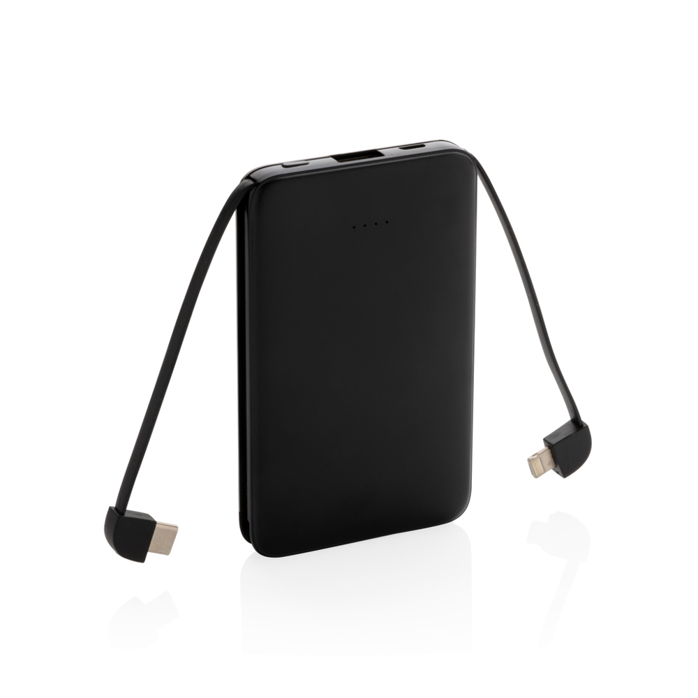 5.000 mAh zakformaat powerbank met geïntegreerde kabels - zwart (± PMS Black)