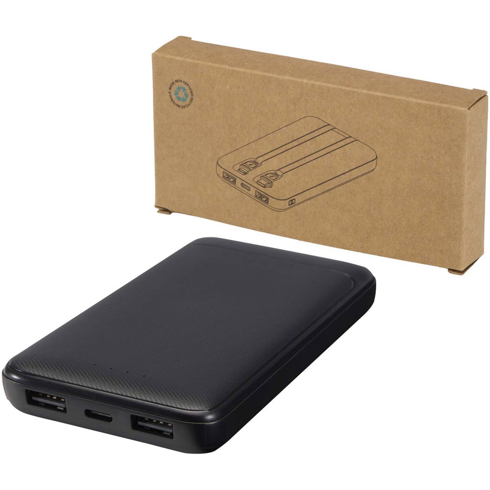 Adhil powerbank van 10.000 mAh 10 W van gerecycled plastic met 2 ingebouwde kabels